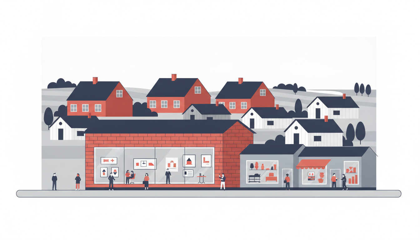 Flat-vector illustration af et ejendomsmæglerkontor i Otterup med store udstillingsvindue der viser ejendomsannoncer, omgivet af røde mursten-villaer og hvide hytter i et blødt Fyn-landskab.