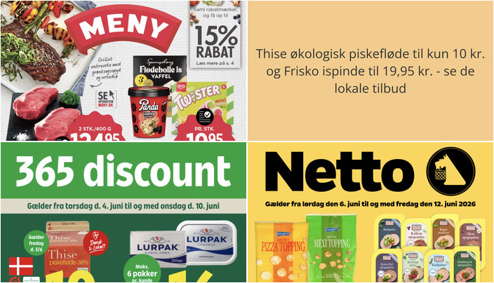 Thise økologisk piskefløde til kun 10 kr. og Frisko ispinde til 19,95 kr. - se de lokale tilbud