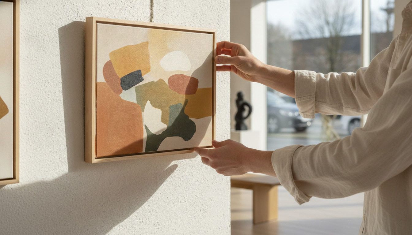 Kunstnerens hænder holder ved et abstrakt maleri i ramme på hvid væg med nordisk dagslys.