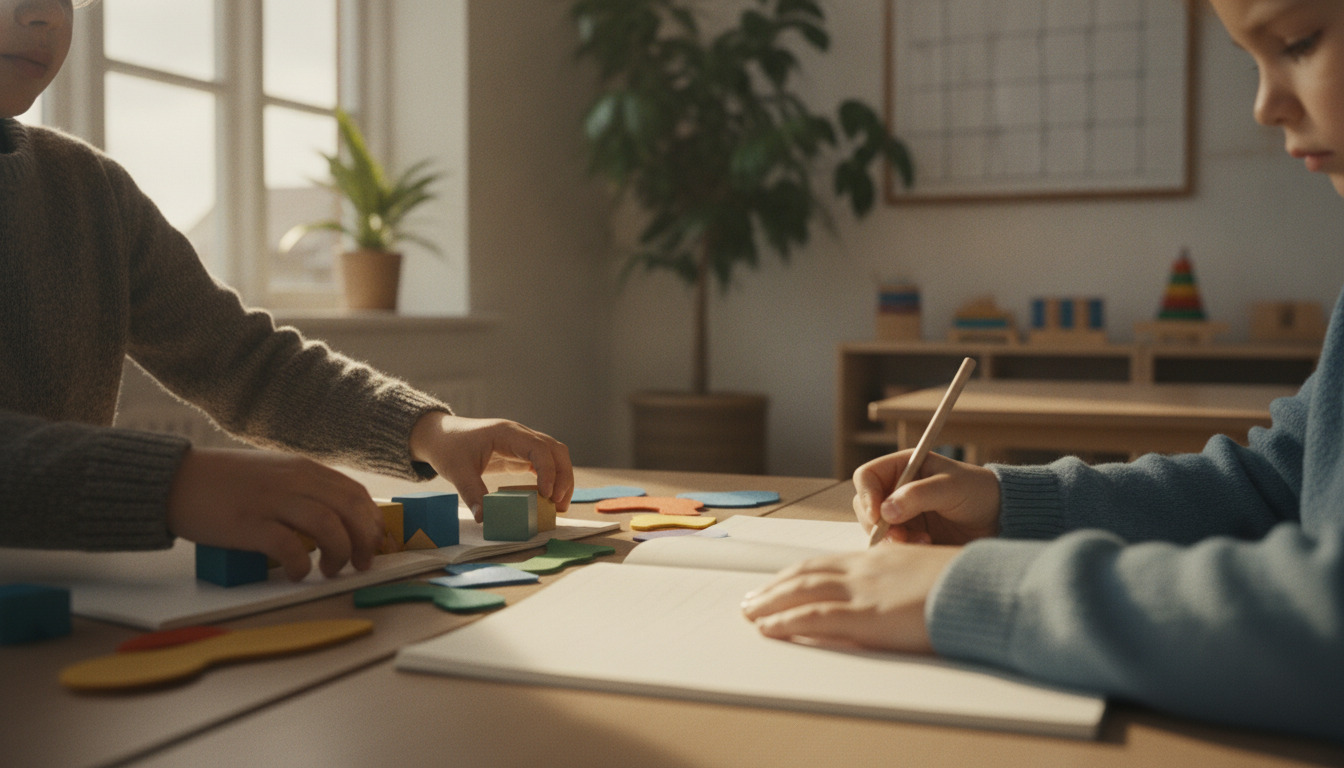 Børnehænder arbejder sammen med farverige byggeklodser og papir ved et klassebord i dusket dagslys.