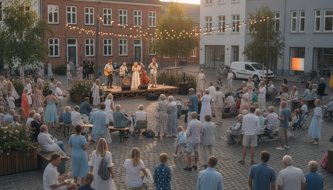 Tætpakket folkemængde i tøj under åben himmel med musikere på scene og varme lyskæder.