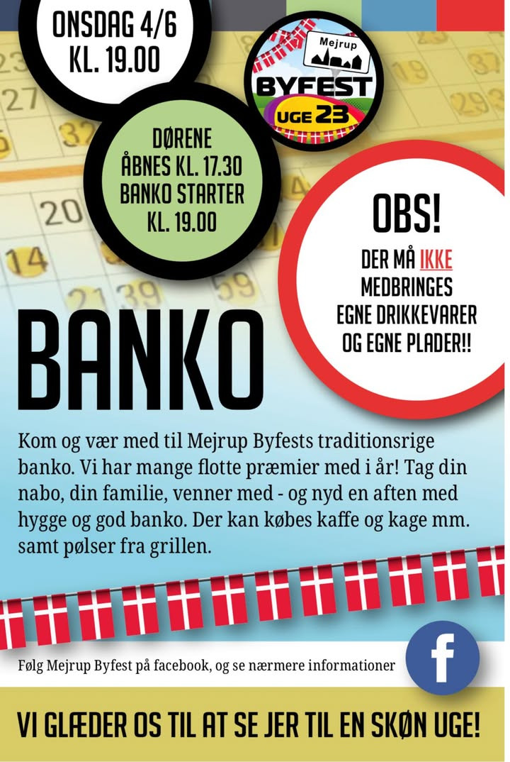 Mejrup Kultur- og Fritidscenter inviterer til bankospil med aftensmad og hygge