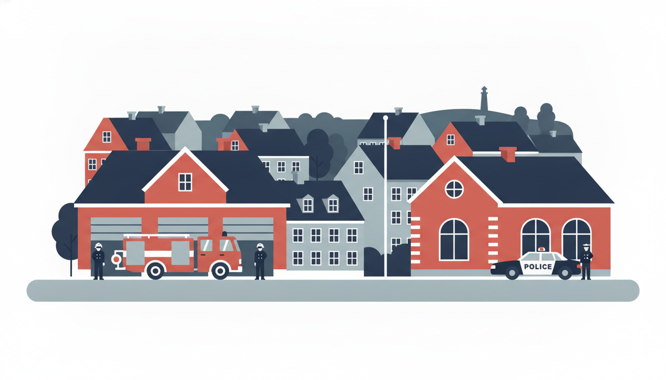 Fladt vektorillustration af dansk brandstation og politistation med rød mursten facade, parkerede brandbil og politibil, uniformerede redningspersonale, og boligbygninger i baggrund.