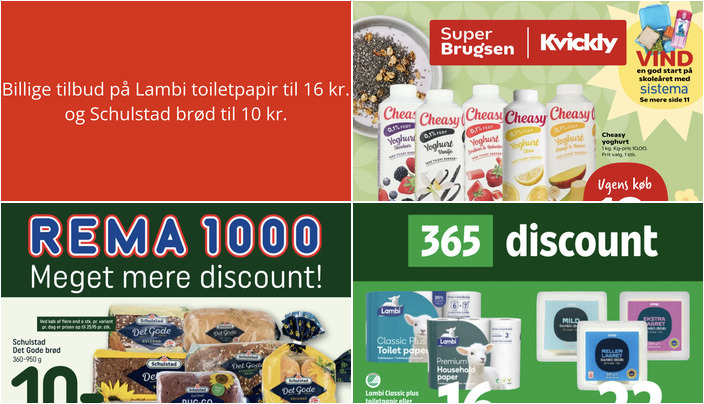 Billige tilbud på Lambi toiletpapir til 16 kr. og Schulstad brød til 10 kr.