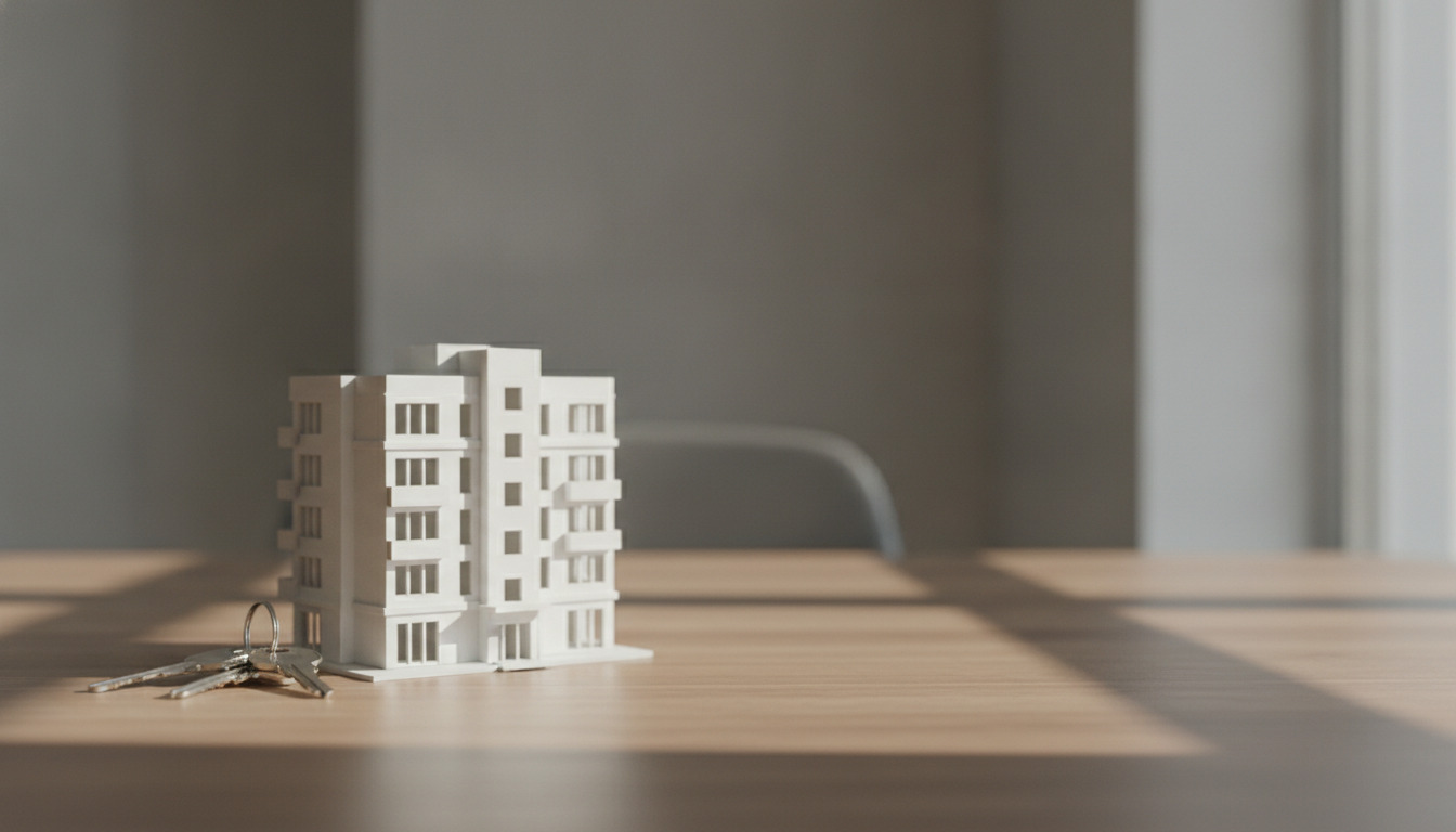 Nøgler og arkitektonisk model af boligblok på træbord med naturligt lys.