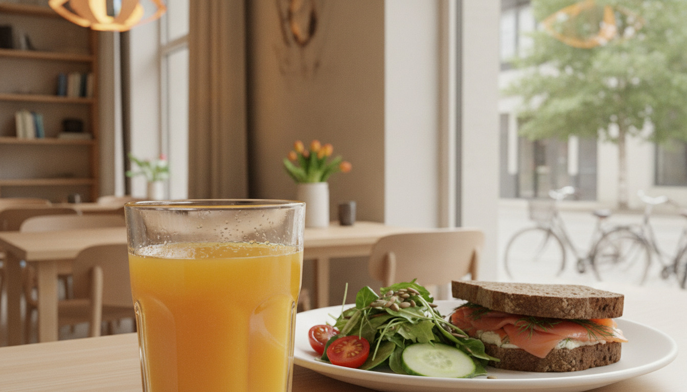 Glas med friskpresset appelsinbooty ved siden af tallerken med sandwich og farverig salat på træbord.