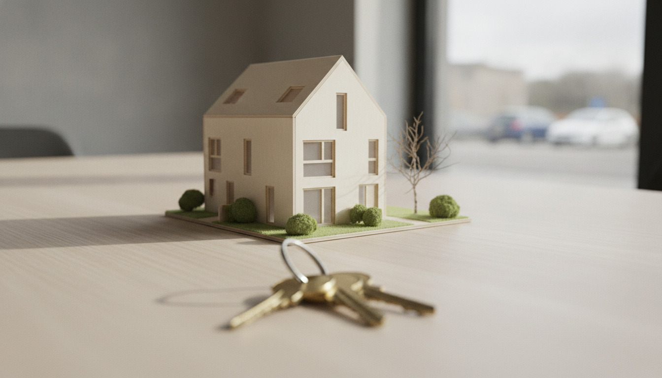 Nøgler og arkitekturmodel af hvidt hus på træbord i naturligt lys.