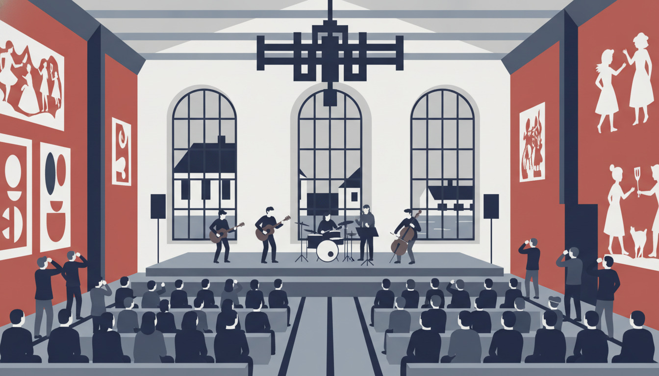 Indvendig kunstnerisk kulturhus med musikere på scene, publikum i sæder, røde gallerivægge med kunstneriske papirklip, og store hvide bogslignende vinduer.