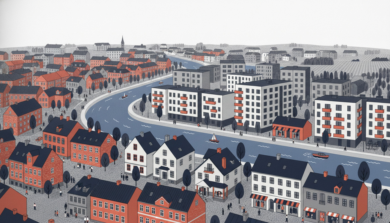Panoramisk fladvektorillustration af Randers kvarterer langs Gudenå flod og fjord, der viser historiske røde mursten middelalderlige bygninger, hvide 1930'er-1940'er villaer, moderne lejlighedsblokke med orange-og-hvide facader, træbeplantede gader og aktivitet ved vandkanten.