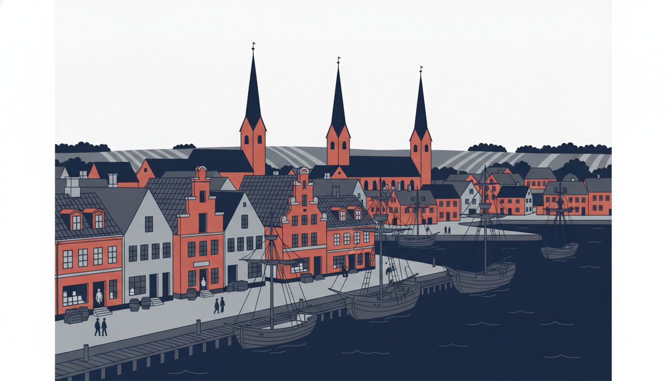 Flad vektorillustration af middelalderlig Svendborg havn med røde mursten-handelsbygninger, tre kirkespir, traditionelle townhouses, træsejlskibe fortøjet ved kaj og grå tegl tage under en bleg himmel.