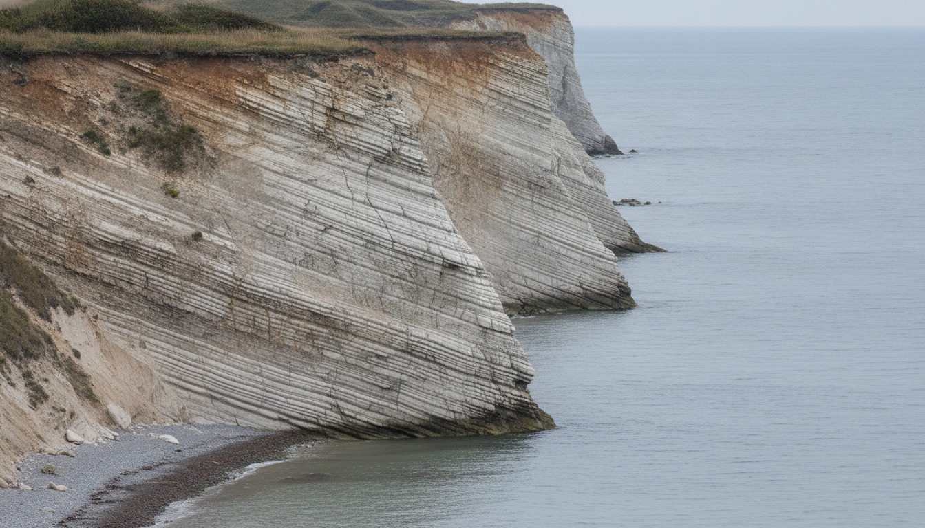 Nærbillede af lagdelt klippevæg med hvide og rustfarvede geologiske lag ved kysten, bølgende hav i baggrunden.
