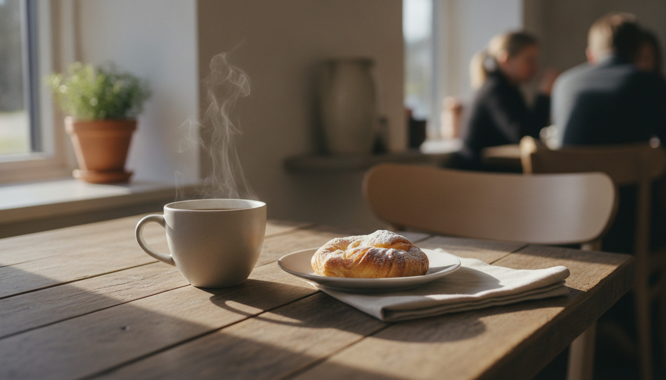 Tæt billede af en kop varmt kaffe med damprøg, frisk rundstykke på tallerken og avis på træbord i varmt lys.