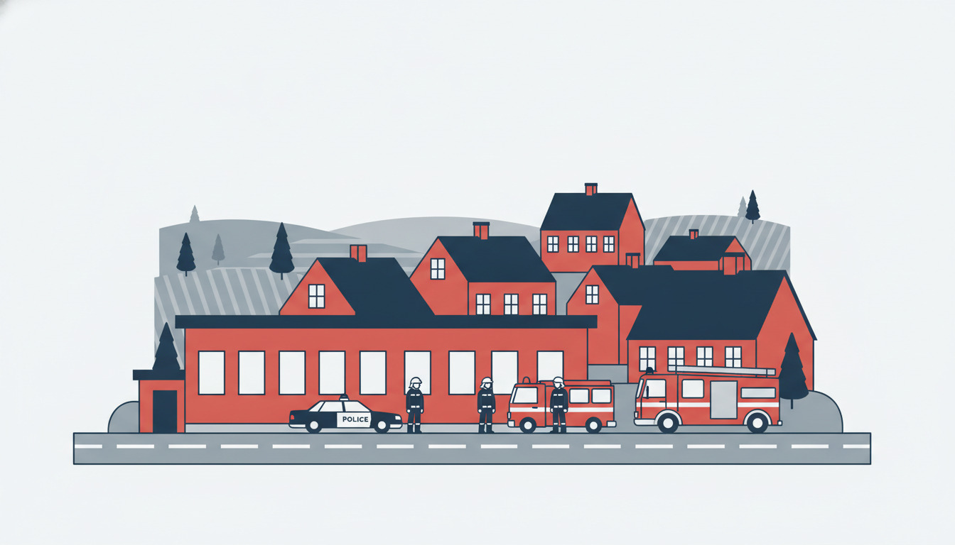 Fladt vektorillustration af en moderne rød nødtjenestesbygning med politibil og brandkøretøjer, uniformerede redningsmand der står parate, Fjerritslev beboelsestage og landdistrikt i baggrunden.