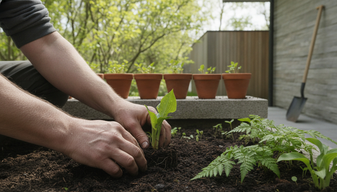 Tæt på billede af hænder, der planter en lille grøn plante i jord med bregner og grønt foliage omkring.