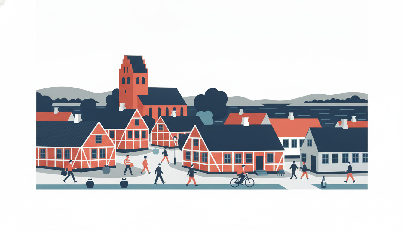 Ebeltofts middelalderlige byplads med bindingsværkshuse, rødt kirkespir, traditionelle gavlhuse og havn i baggrunden – et charmerende dansk kystlandskab.