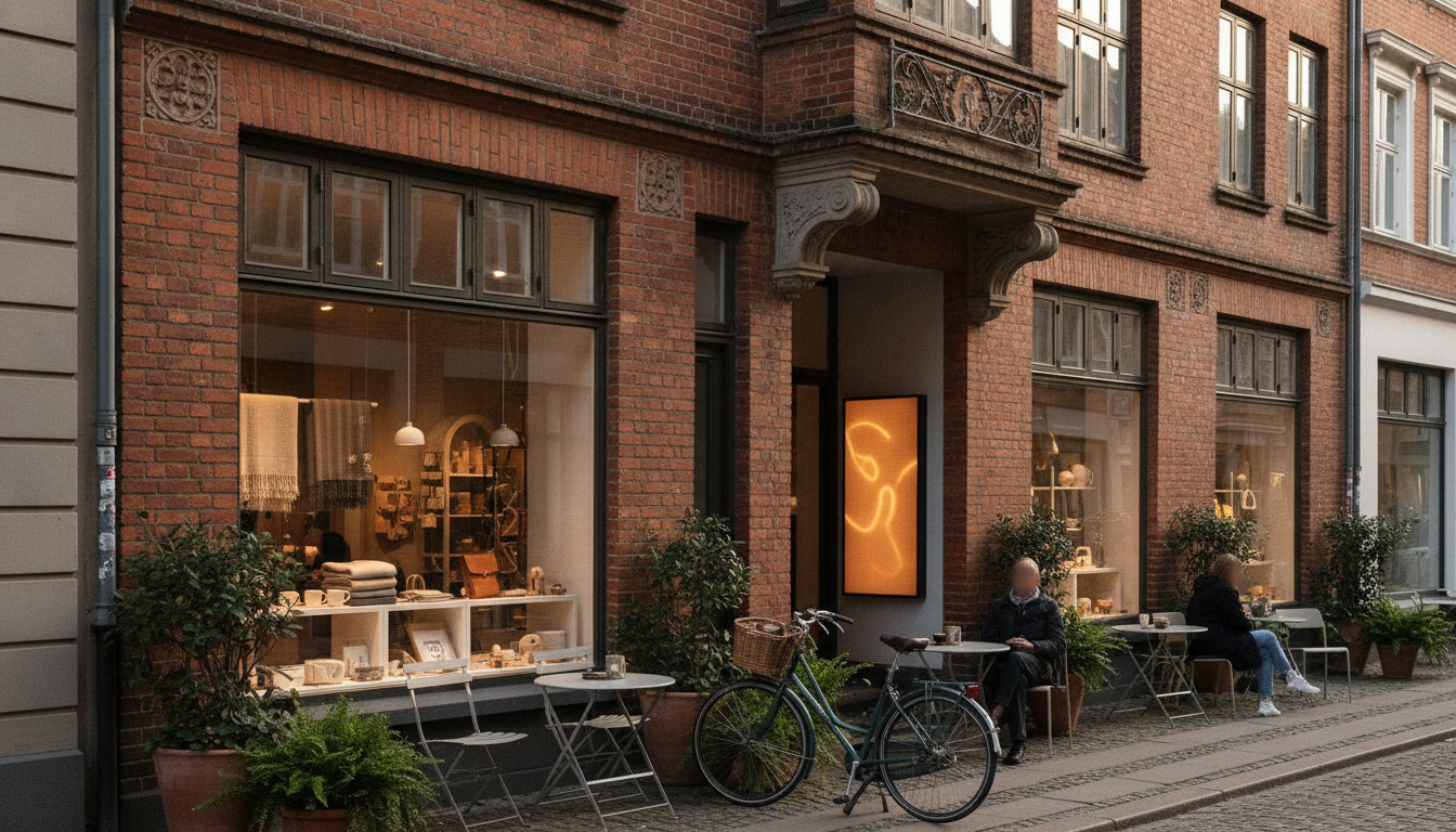 Rødt murarbejde med butikvinduer, blomsterkrukker og gatecafé på en nordisk handelsgade.
