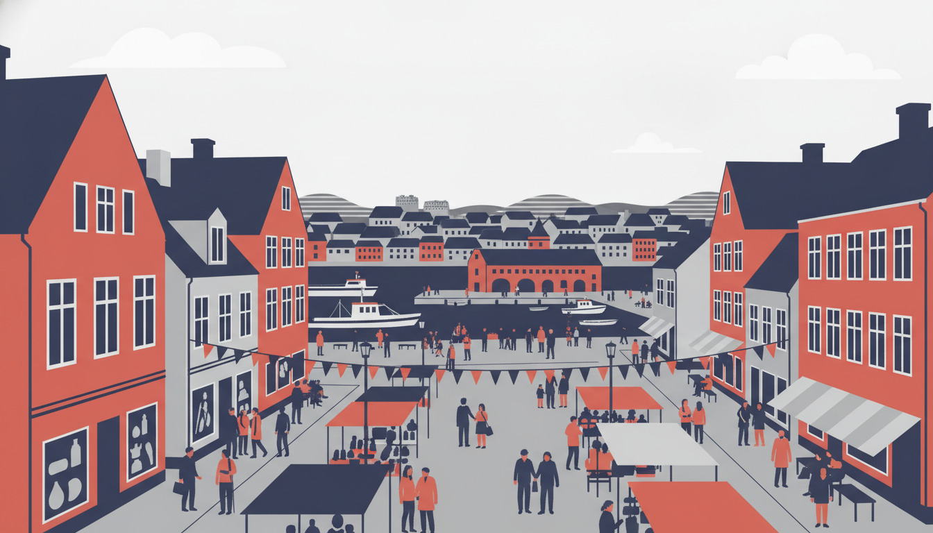 En livlig byplads og havnescene i Skælskør med mennesker, der samles til festivaler og begivenheder. Historiske røde og grå bygninger omkranser pladsen, hvor der ses marked, festlig pynt og sociale aktiviteter ved vandet.