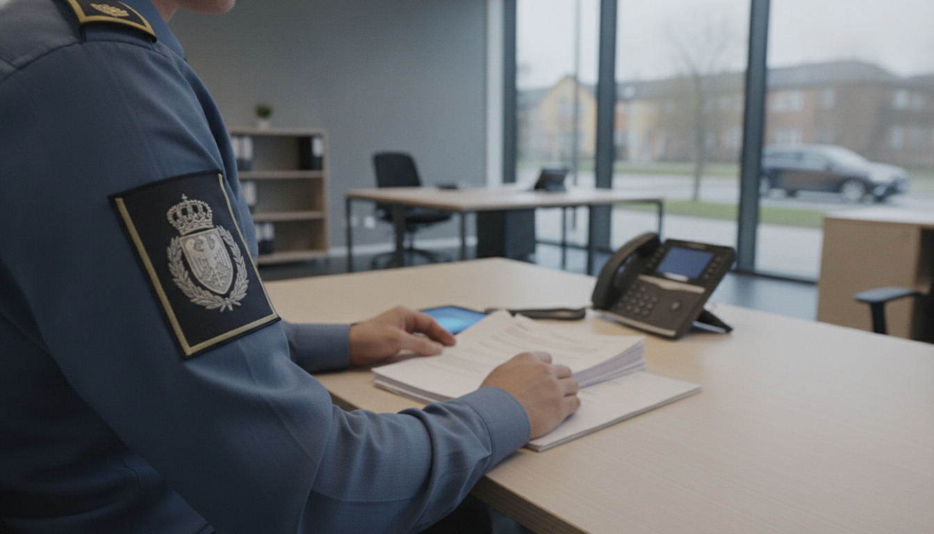 Skulderview af person i uniform ved skrivebord med papirer og telefon i kontormiljø.