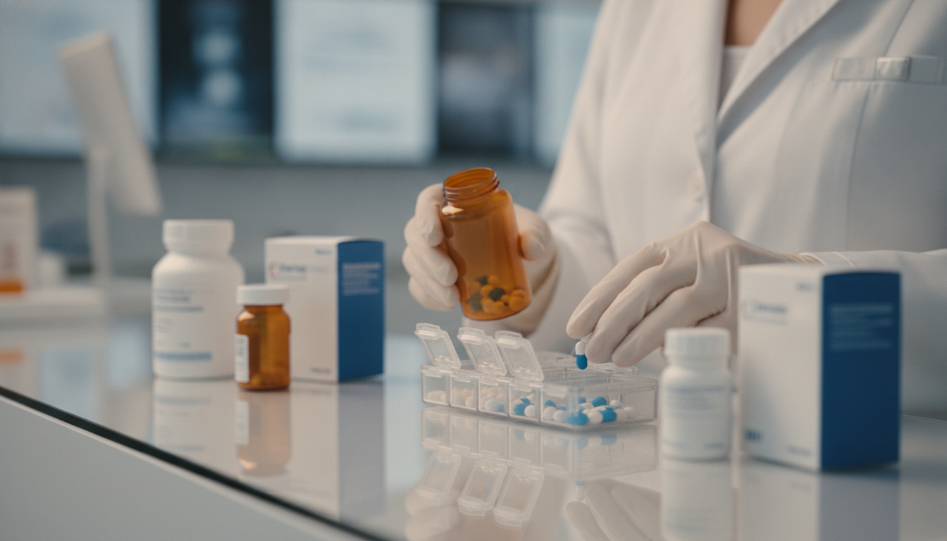 Farmaceut i hvid kittel organiserer medicin på apotek – hænder med hansker ved pillekasse og medicinflasker.