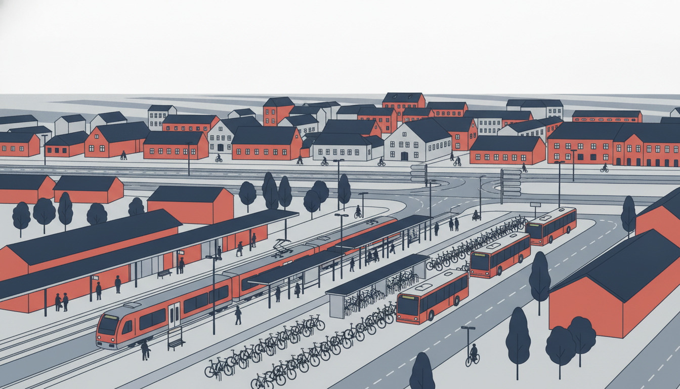 Stiliseret fladt illustration af Ringsteds trafikhub med moderne station, tog på spor, Movia-busser, cykelparkeringer og vejkryds, med byens røde og grå huse i baggrund på fladt Sjælland-landskab.