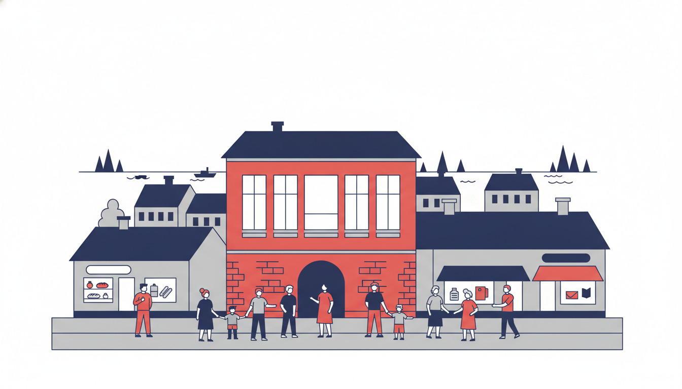 Fladt vektor-illustration af Næstved Kommunes borgerservicebygning med rød murstenskulør, store vinduer, velkomstrende buet indgang og mangfoldige borgere samlet i forgrunden på en bygate med dansk taglandskab i baggrunden.