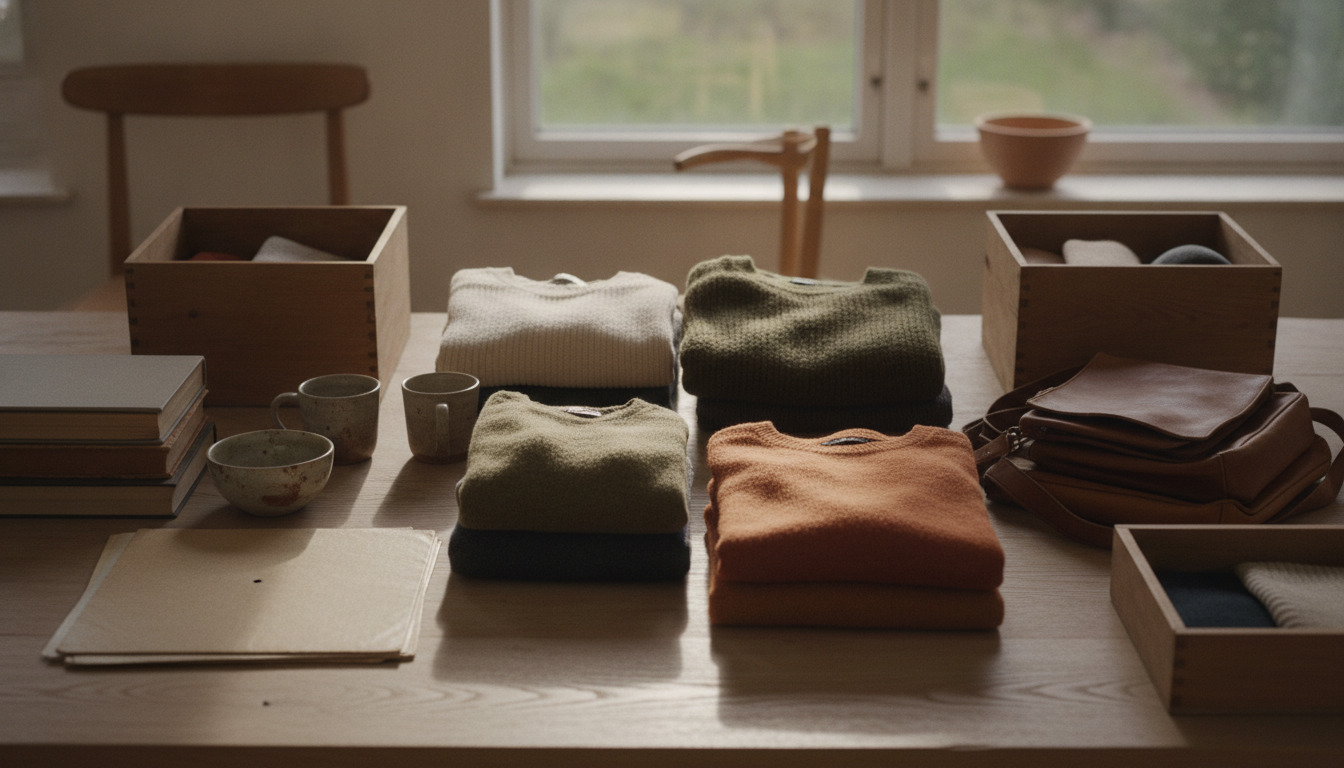 Fladlagt arrangement af secondhand-genstande på træbord: foldede sweaters, keramik, bøger og trækasser i blidt nordlys.