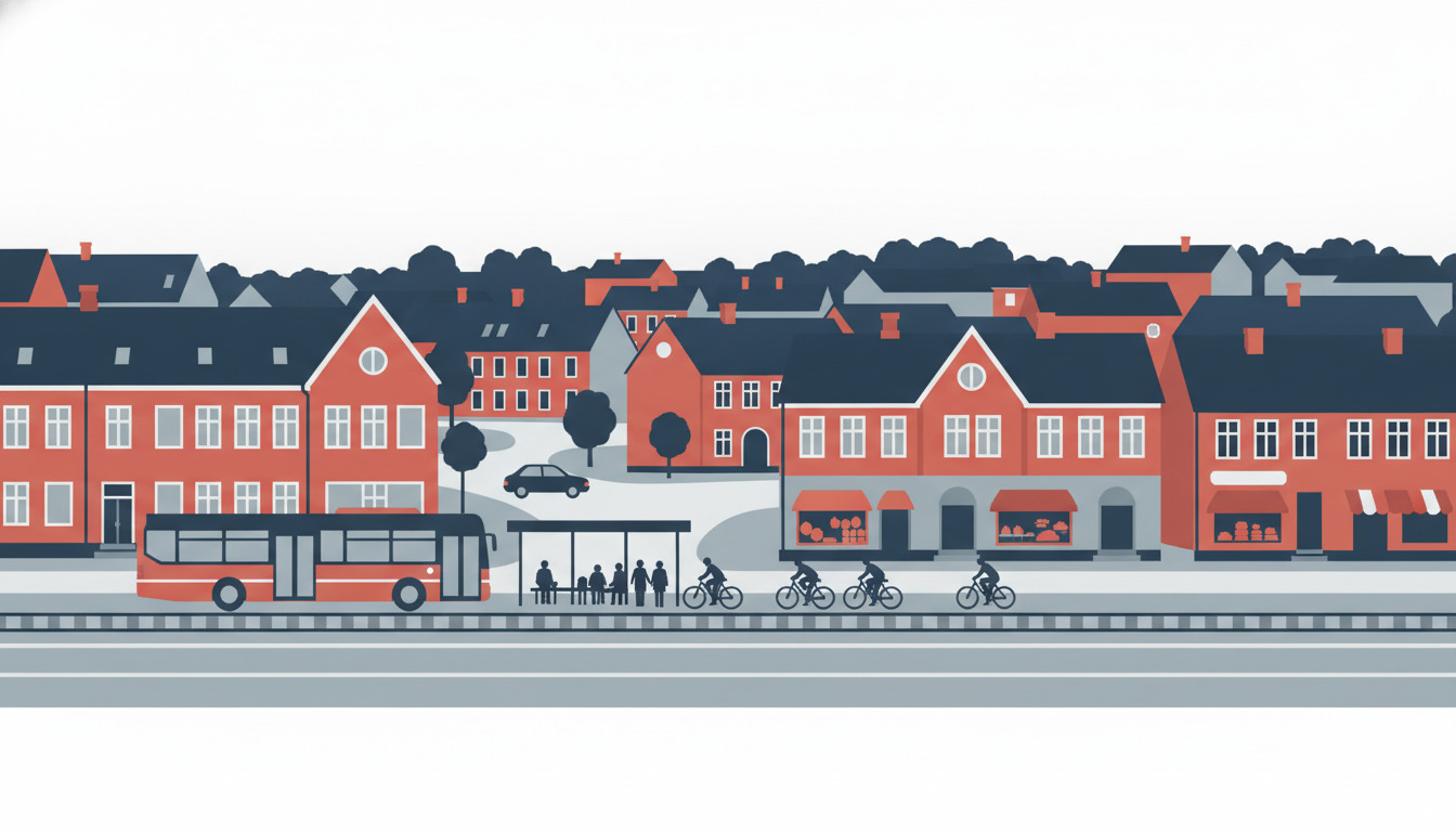 Skælskør bymidte med røde murstenshuse, en regional bus ved stoppested, cyklister på grøn sti og parkeret bil, omkranset af bolighusets tage.