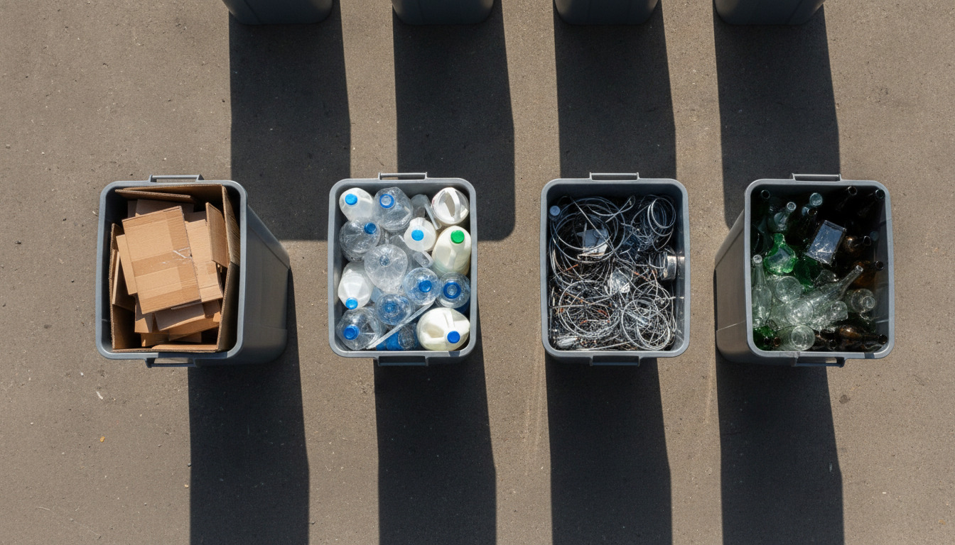 Øverst set på fire gråplastbeholdere med sorteret affald: papkasser, plastflasker, metalskrot og glaskrudt på betongrund.