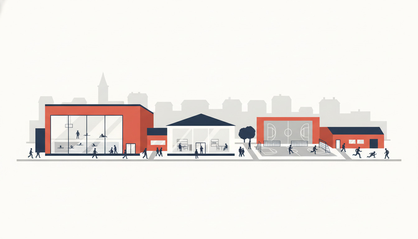 Ringstedts institutioner: moderne svømmehal med store vinduer, bibliotek med glasfacade, og sportshal med basketball-bane. Folk i forskellige aldre nyder faciliteterne i et levende samfundshub.