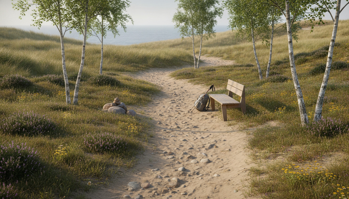 Nærbillede af stimarkering i sand blandt lav vegetation, birketræer og blomster ved natursti.