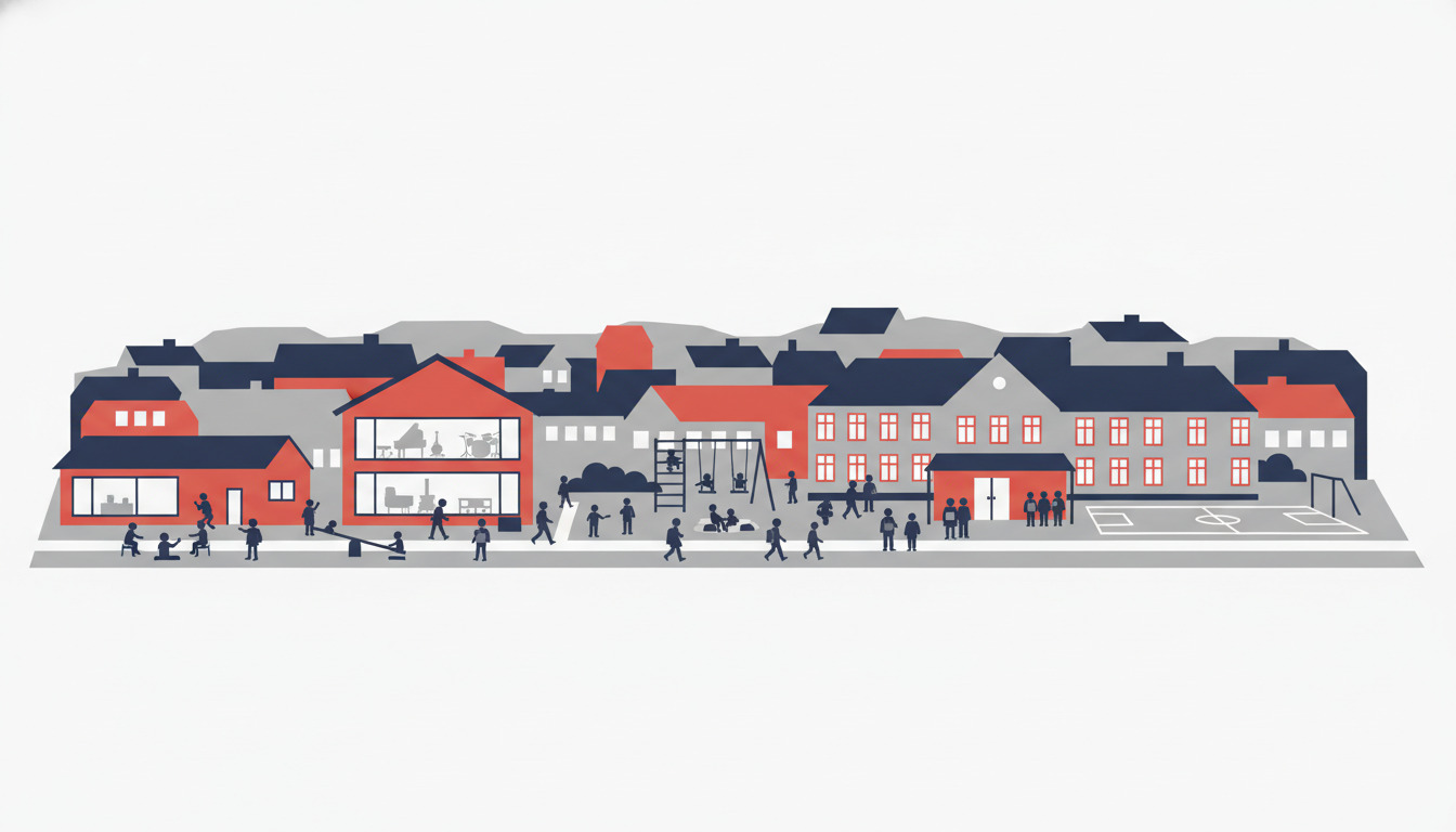 Flad vektor-illustration af en dansk skolegård i Give med røde og grå bygninger, børn der leger og lærer på en central plads med gynger og en sportsbane, der repræsenterer forskelligartede uddannelsesaktiviteter.