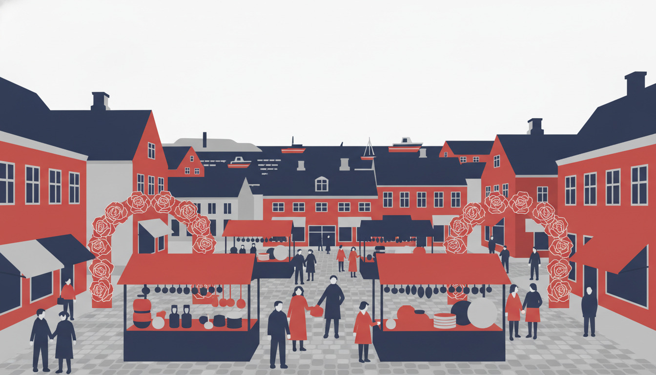 Flad vektorillustration af et levende havnebyfestival på torvet i Bogense, med røde murstenshuse, markedsboder, rosendekorerede buer, handlende og mennesker som fejrer blandt både og marina i baggrunden.