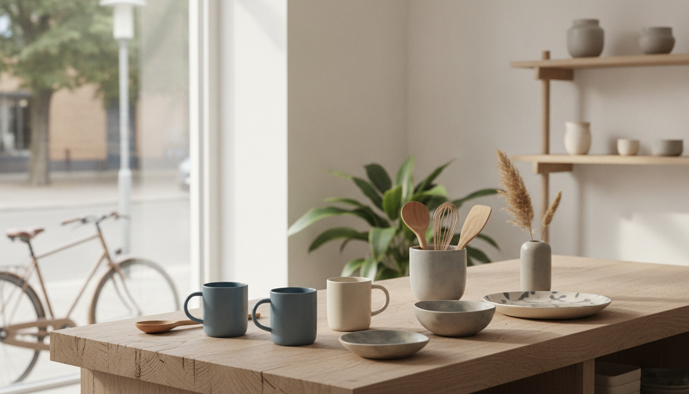 Nærbillede af keramik, kopper og køkkengrej pænt arrangeret på træbord i naturligt lys.