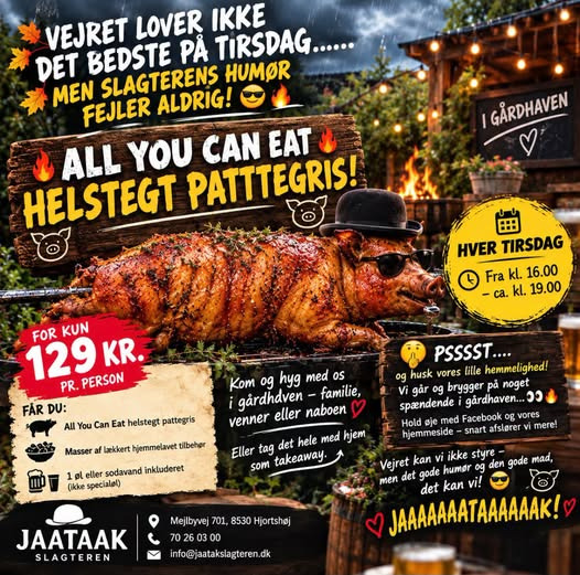 Jaataak Slagteren fortsætter med all you can eat helstegt pattegris om tirsdagen