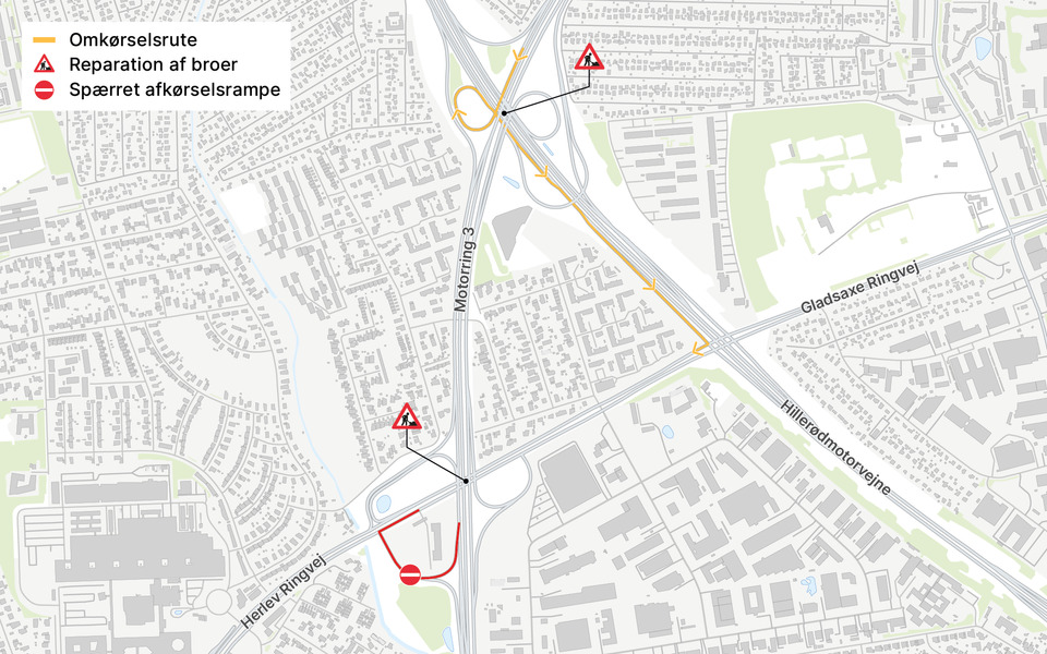 Trafikomlægning på Motorring 3 ved Gladsaxe i nordgående retning