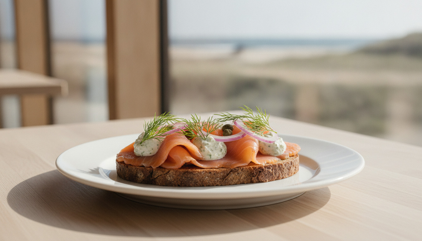 Lukket smørrebrød med røget fisk, dildurt og lilla løg på hvidt tallerken mod trækul og blidt lys.