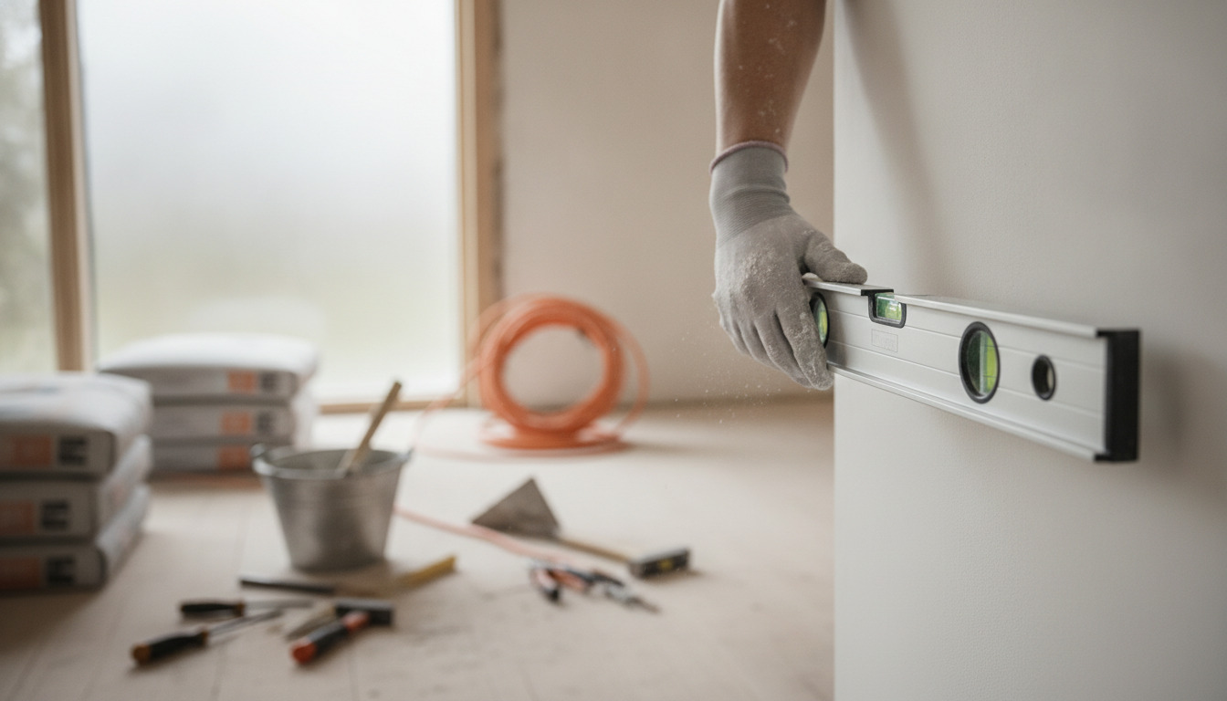 Arbejderhænder i handsker holder en vaterpass mod en hvid væg under renovering.