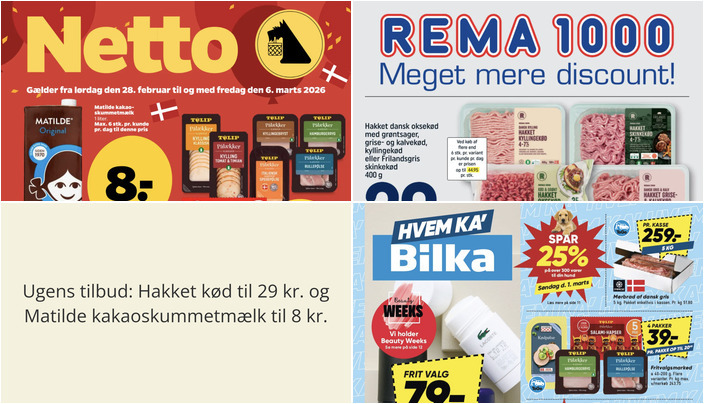 Ugens tilbud: Hakket kød til 29 kr. og Matilde kakaoskummetmælk til 8 kr.