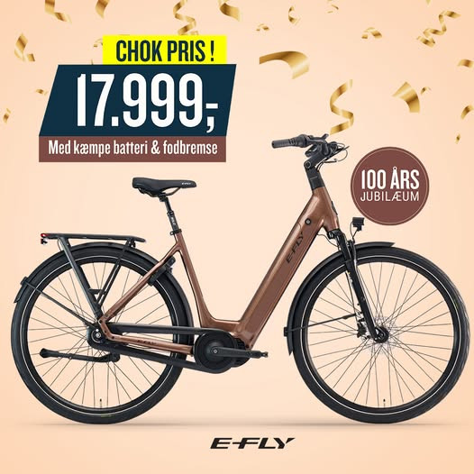 Hals Auto A/S annoncerer chokpris på elcykel E-Fly Vela 100 for 17.999 kr.