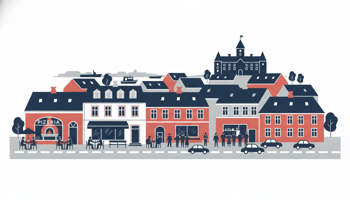 Farverig spisesteder i Nyborgs bymidte med pizzeria, cafeer og takeaway-lokaler med hyggelige facader, havnen og Nyborg Slot synligt i baggrunden.