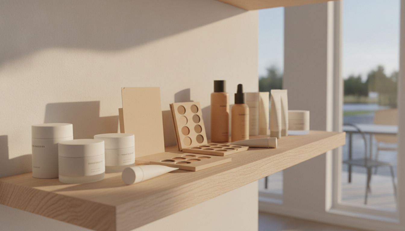 Kosmetik- og plejeprodukter på lyst træbord med minimalistisk skandinavisk emballage i blidt dagslys.