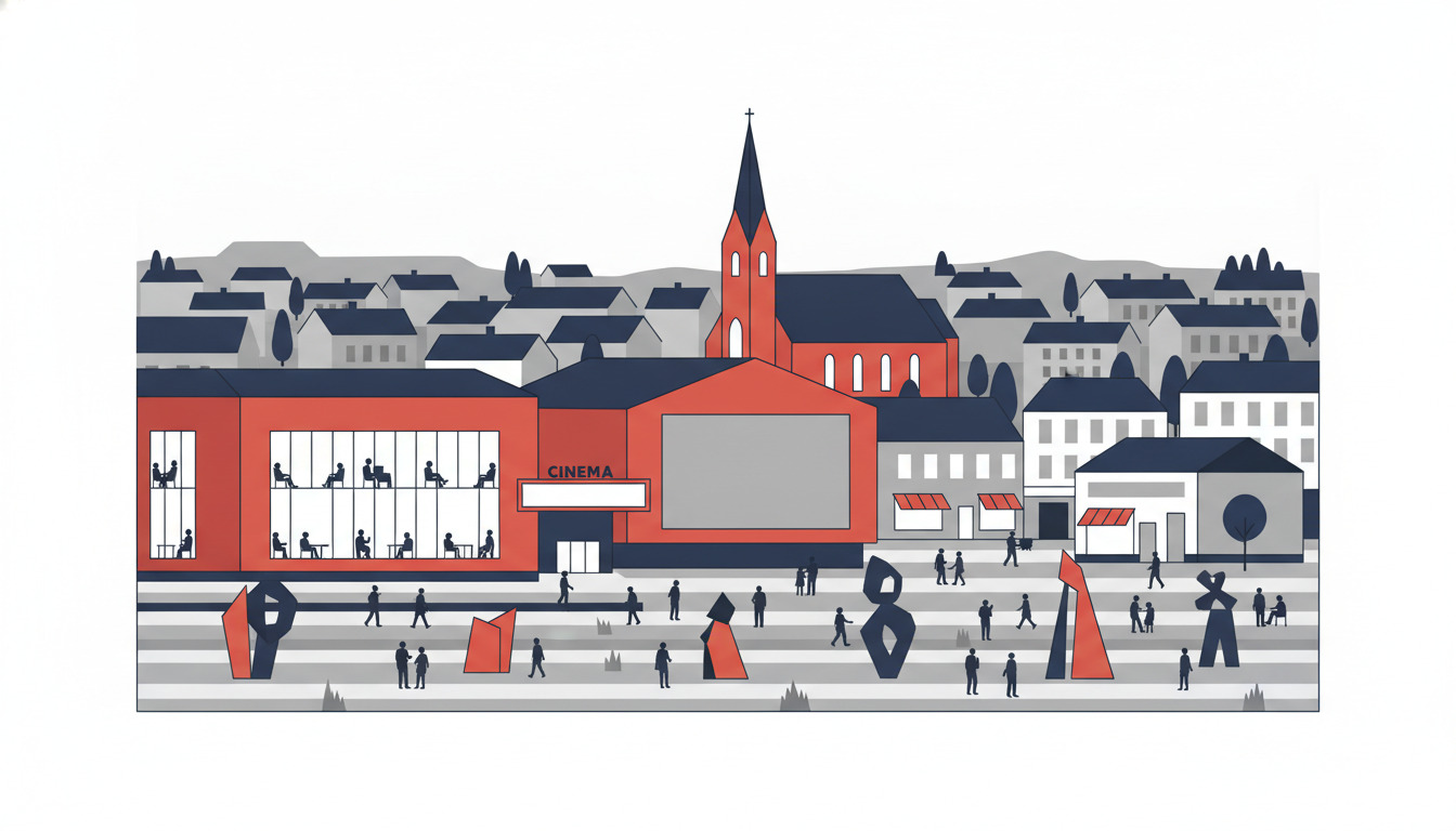 Kulturscene i Galten med biblioteksbygning med store vinduer, biograf med skilte, kirke med spir i baggrund, og publikum blandt moderne udendørs kunstværker på pladsen.