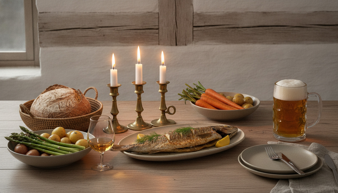 Rustikt bord dækket med grillet fisk, grøntsager, rugbrød, lysestager og ølglas i varmt stearinlys.