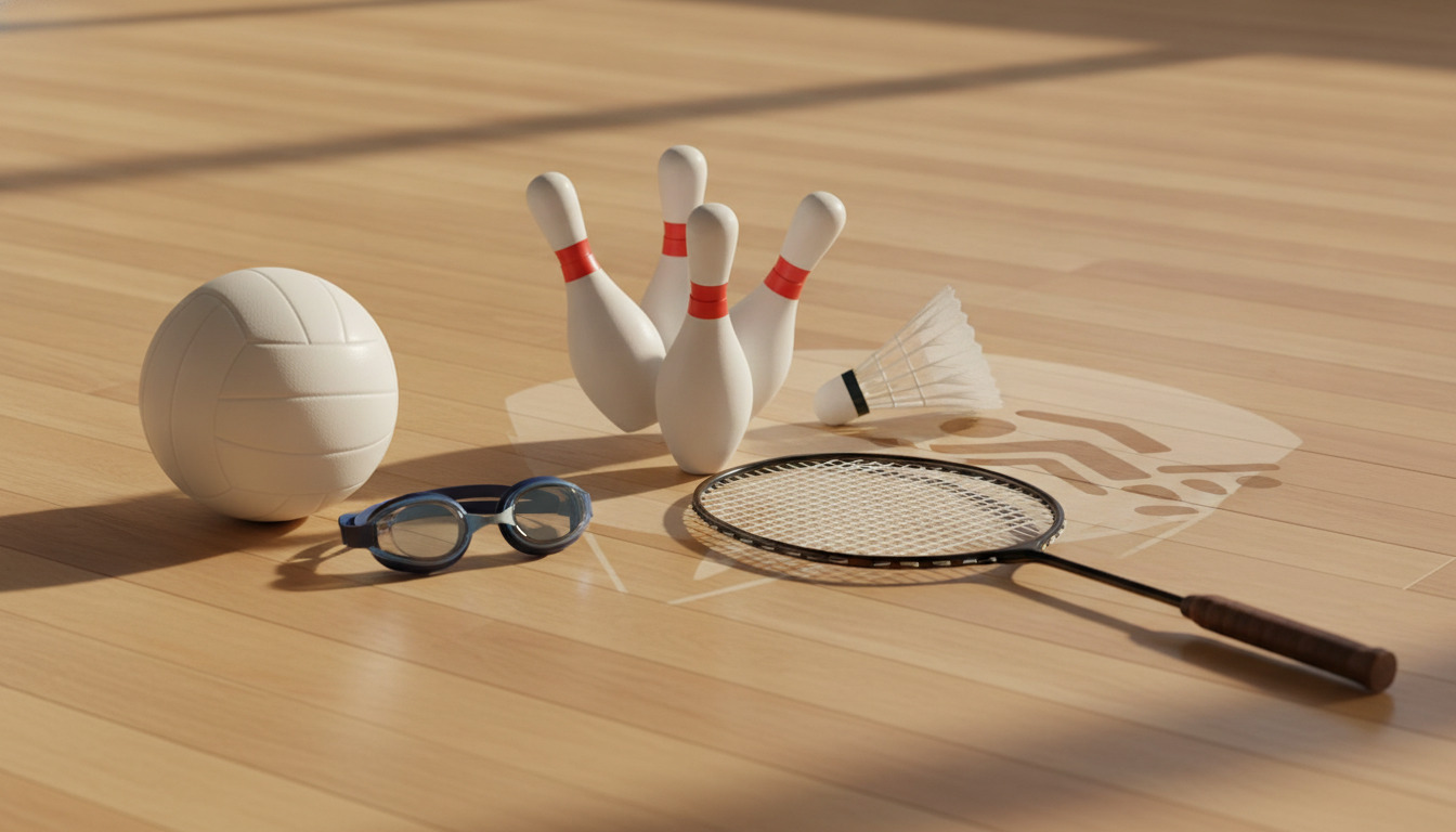 Sportudstyr arrangeret på trægulv: volleyball, svømmebriller, kegler, badmintonketsjer og fjerbold i varmt naturlys.