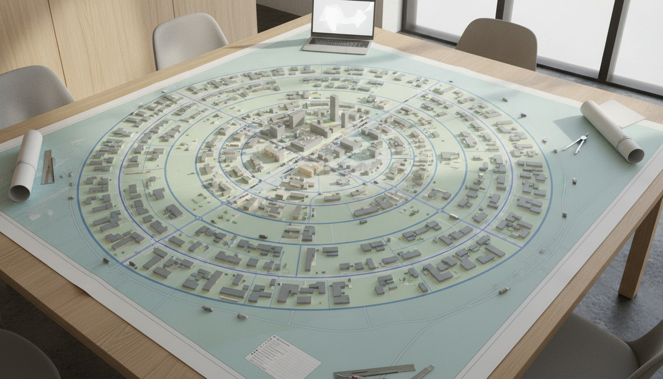 Oversigt over en detaljeret byplanmodel med koncentriske ringstrukturer og radierende infrastruktur på mødebordet.