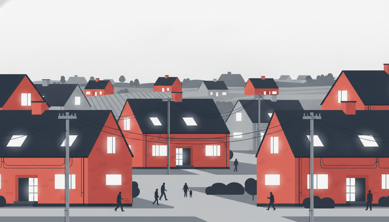 Boligvej i Dianalund med moderne røde og grå huse, elledninger med netværksinfrastruktur, tændte vinduer og fodgængere – som afbilder fibernetdækning i hele byen.