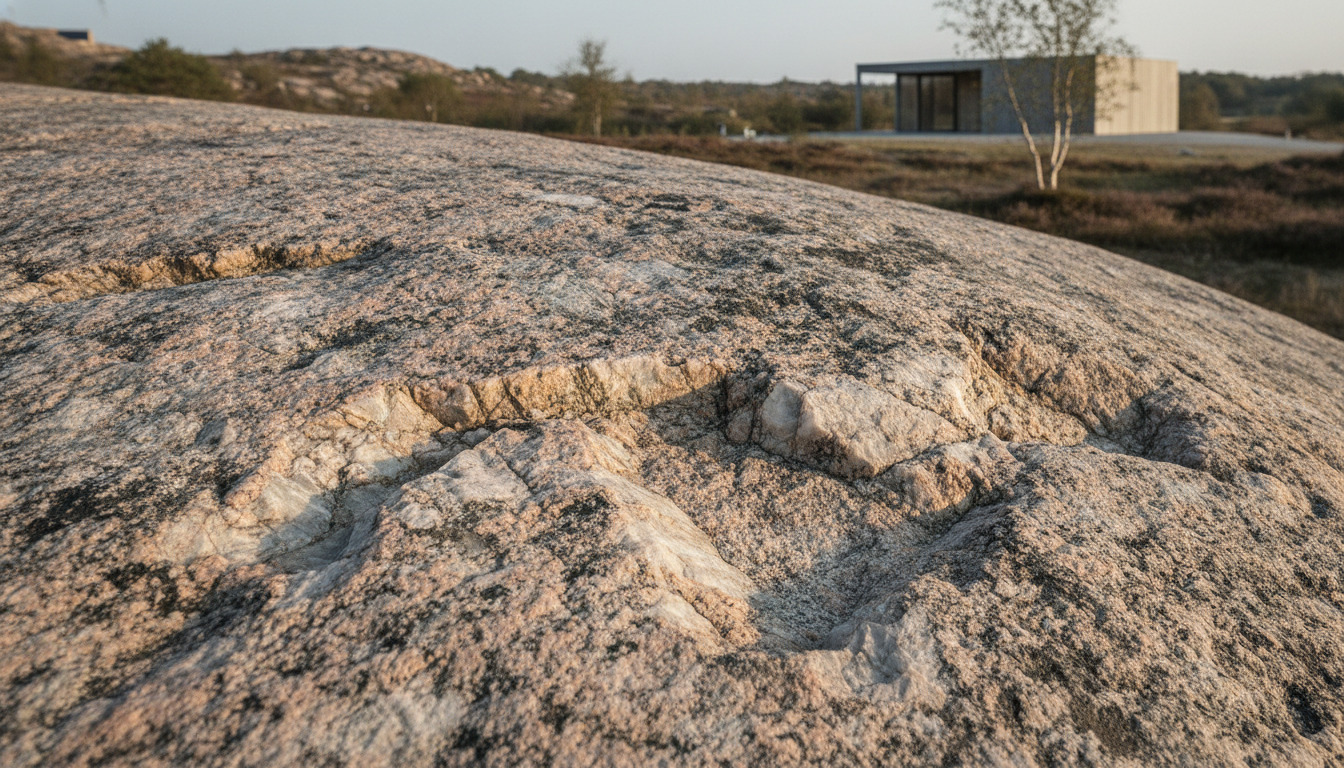Nærbillede af forkulet granitklippeflade med synlige krystaller og erosionsmønstre i naturligt lys.