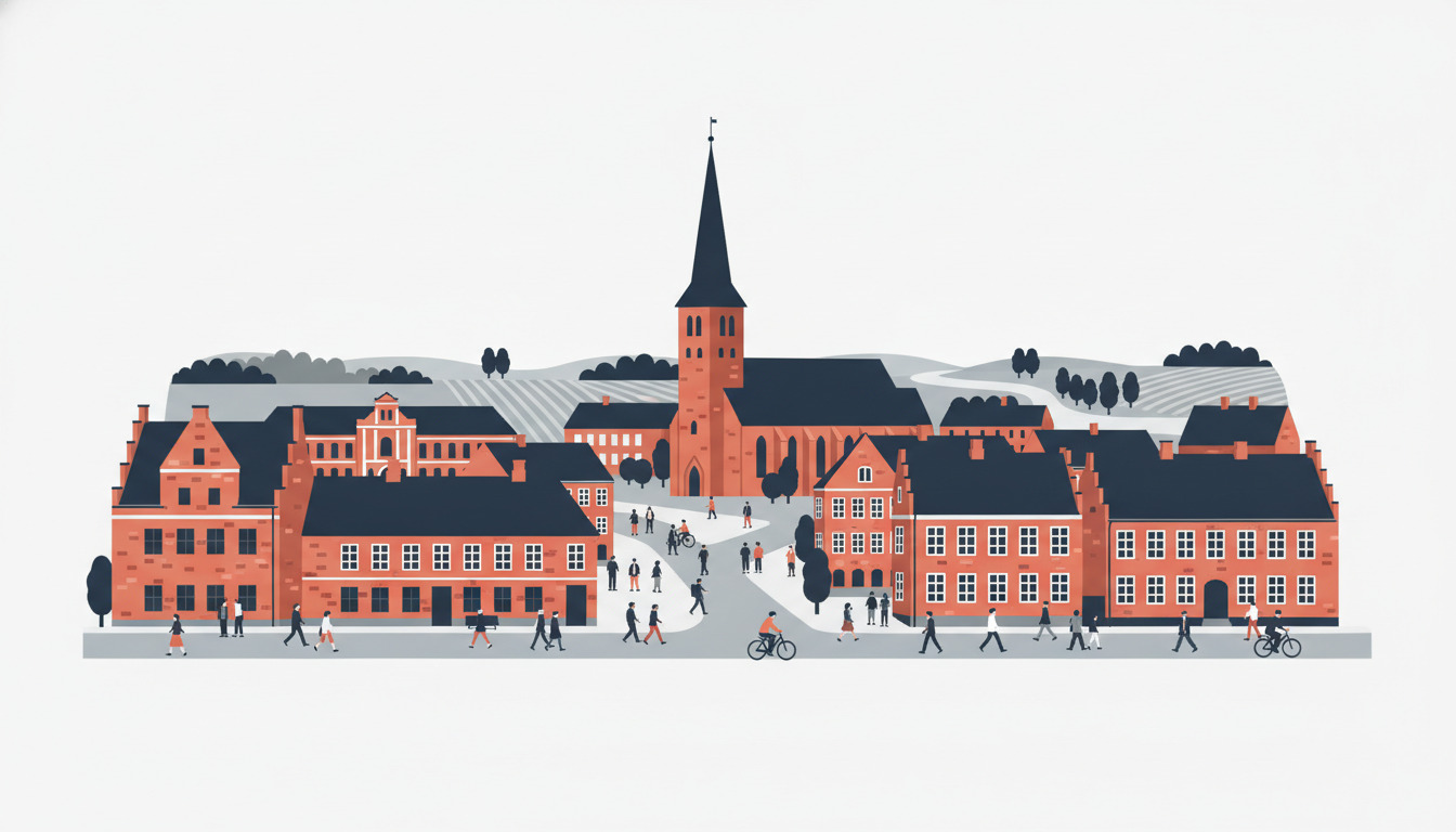 Illustration af Randers i Østjylland med kirken og stationen blandt røde huse og Gudenåen i baggrunden.