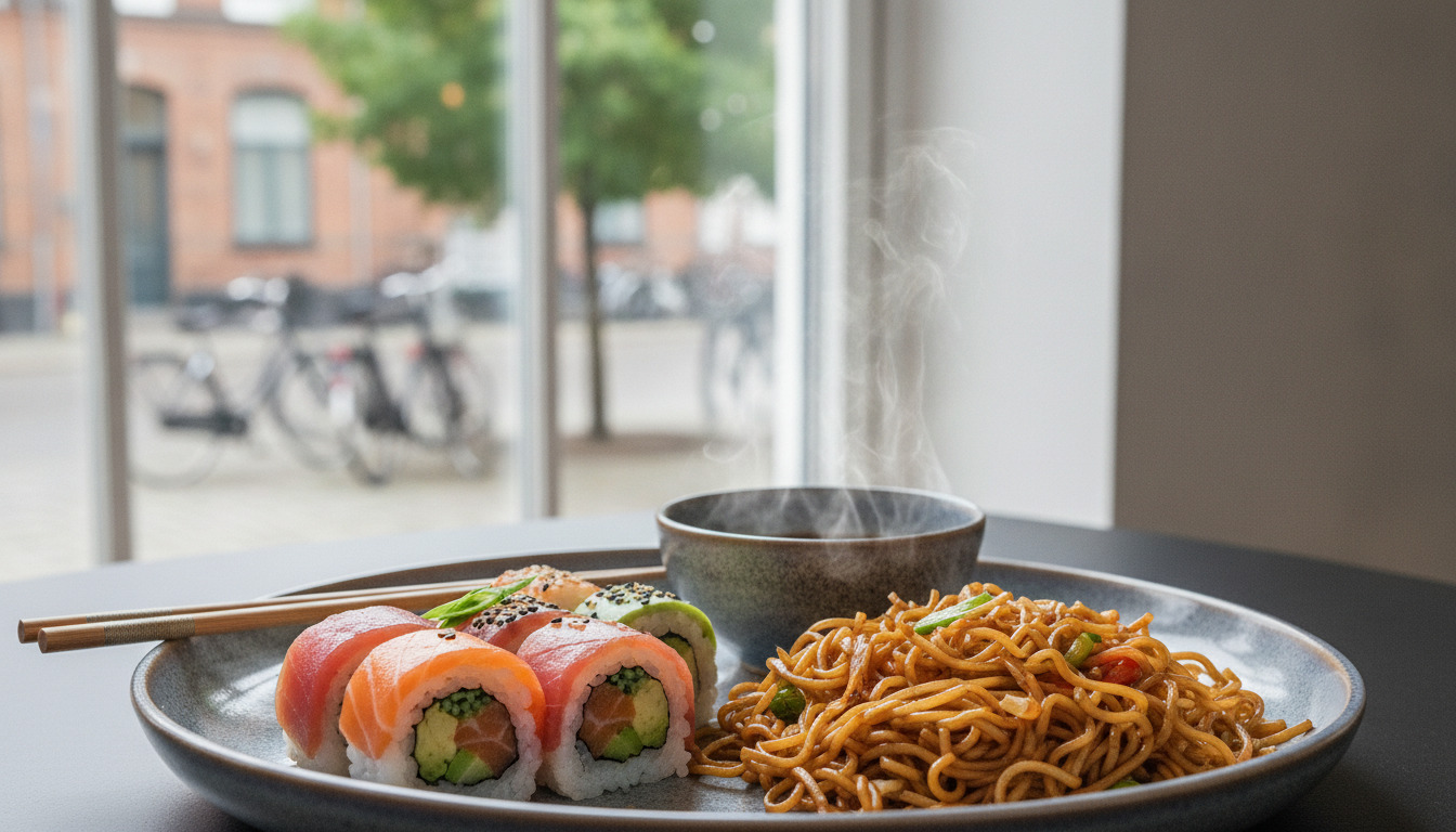 Fyrretølj med sushi-ruller, stegt nudler og krydderbolle på keramiktallerken med spisepinde.