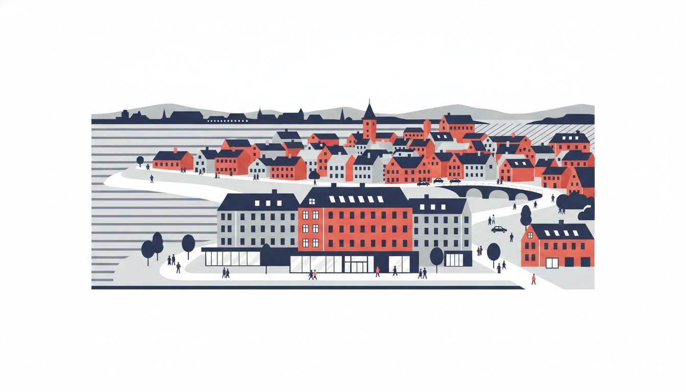 Stiliseret flade vektorillustration af den kystby Nyborg med røde teglsten- og hvide bygninger langs en vandkant, stribet vand synligt, historiske taglinjer, træer og personer, der nyder promenaden ved vandet.